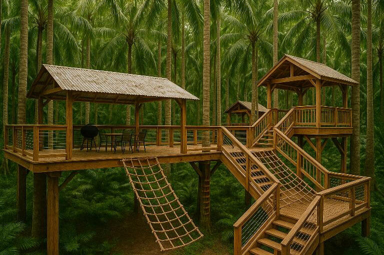 This is an elevated structure in the rainforest that resembles an adult treehouse.