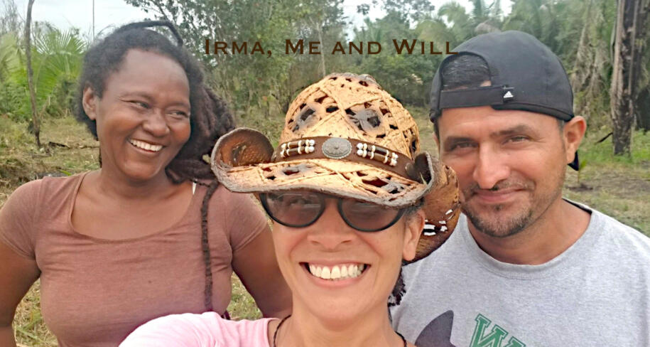 Image of the founder Shanda in the middle. To the left is Irma and to the right is Will. They have been teaching her permaculture principles.